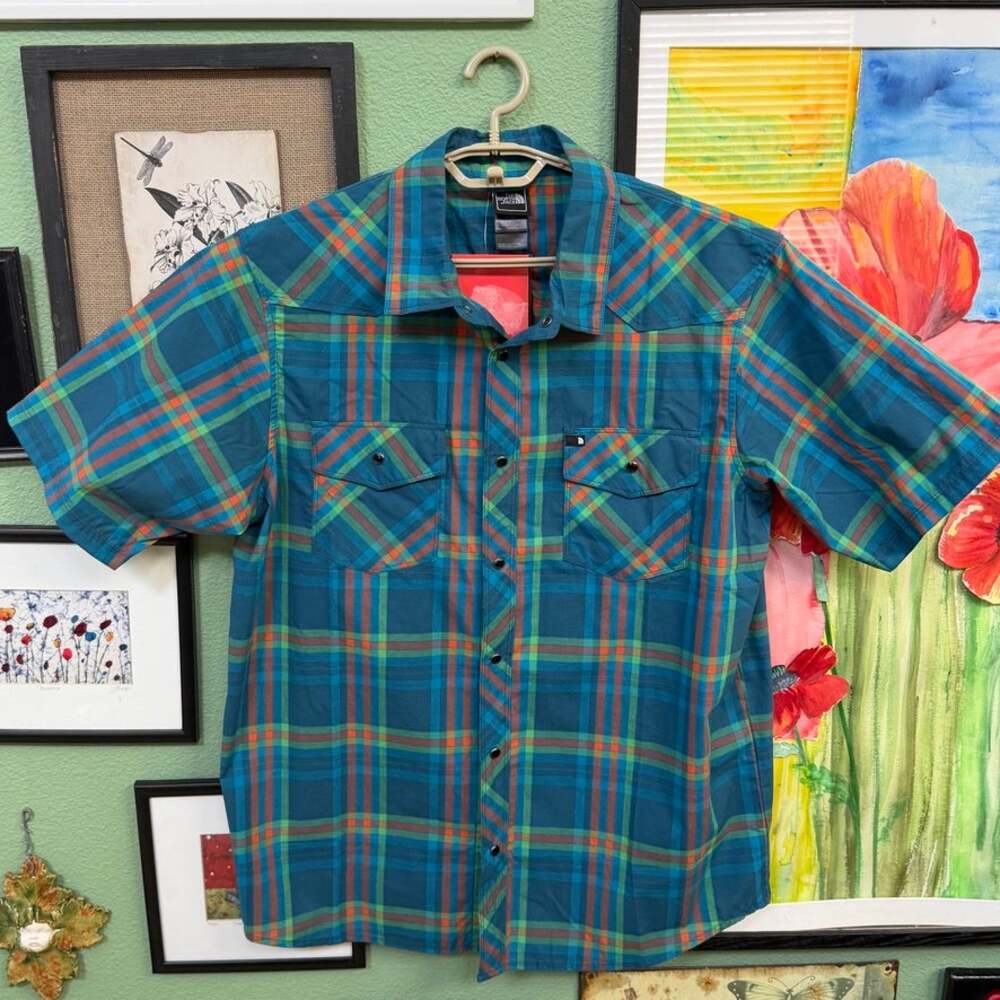 The North Face Shirt Mens Size L Plaid Western Snap Button Short Sleeve Trail
